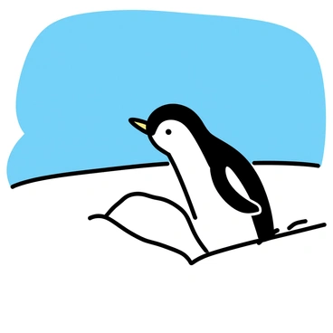 A playful penguin, with a glossy black and white body, is joyfully sliding down a snowy hill. The snow is bright white, reflecting the sunlight, and the hill is gently sloped. The penguin is in a dynamic pose, with its flippers outstretched for balance. Above the penguin, the sky is clear and blue, adding contrast to the scene. The snowy hill has a smooth texture, resembling the shape of an ice cream cone.