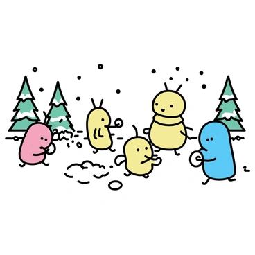A group of small, colorful Pikmin, each with distinct features, are engaged in a lively snowball fight in a winter landscape. The Pikmin have varying colors, including red, yellow, and blue, with some wearing tiny scarves. Snowflakes gently fall from the sky, covering the ground in a thick layer of white snow. In the background, there are tall pine trees dusted with snow. Some Pikmin are crouched down, forming snowballs, while others are mid-throw, with snow flying through the air. A few Pikmin are playfully dodging the incoming snowballs, displaying expressions of excitement.