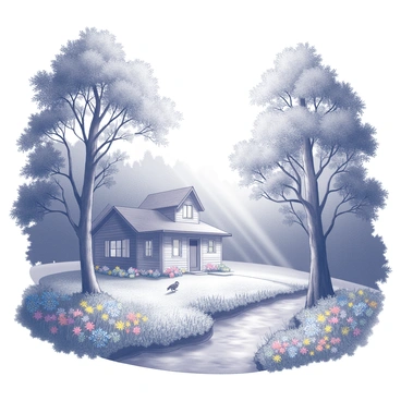 A morning scene set in a forest with tall trees and lush foliage. Sunlight filters through the branches, creating dappled patterns on the forest floor. In the foreground, there is a quaint cottage with a rustic wood exterior and a thatched roof, surrounded by colorful wildflowers. A small path leads from the cottage into the depths of the forest. Birds are perched on the branches, adding to the tranquil atmosphere. Nearby, a small stream flows gently, reflecting the soft light of the morning.