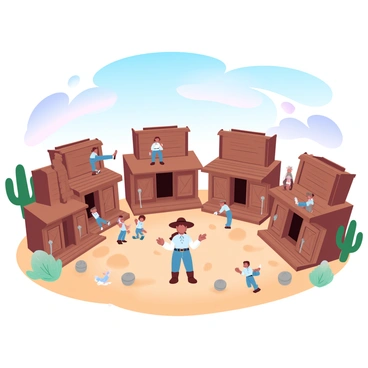 A Polly Pocket figure is standing in the center of a miniature wild west town. Surrounding her are tiny saloons, each with wooden facades and small swinging doors. There are intricate details on the buildings, such as wooden barrels and hitching posts. Several tiny cowboys in various poses are interacting around the town, some leaning against the saloon walls while others are engaged in playful activities. The ground is a sandy texture, simulating a desert landscape, and there are miniature cacti scattered throughout the scene. A large blue sky with soft pastel clouds creates a bright atmosphere over the wild west town.