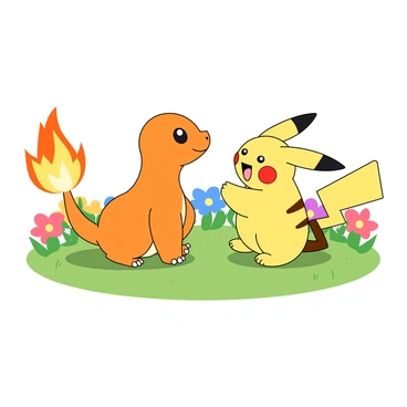 A small, cartoon-like Charmander with bright orange skin and a flaming tail is sitting on a patch of green grass. Next to it is Pikachu, a yellow mouse-like creature with long ears and red cheeks, smiling widely. Both characters are facing each other, with Charmander's tail flame flickering gently. They are surrounded by colorful flowers in various shades, adding vibrancy to the scene. The sun is shining brightly, casting soft shadows on the ground as they enjoy their happy moment together.