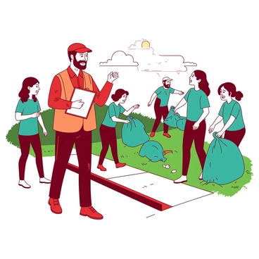 A red leader is wearing a bright orange vest and holding a clipboard while overseeing a community cleanup event. Surrounding the leader are several volunteers in teal shirts, each picking up litter from the grass and sidewalks. In the background, there are large green trash bags being filled with debris. Some volunteers are chatting cheerfully as they work, while others focus intently on their tasks. The sun shines down, creating a lively atmosphere for the community effort.