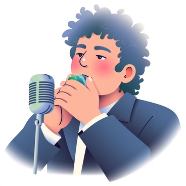 A close-up of Bob Dylan with curly hair and a focused expression is playing a harmonica. He is holding the harmonica close to his lips, showing intense concentration. In front of him, there is a vintage microphone with a shiny silver finish, capturing the essence of his performance. The background features soft shadows that emphasize Dylan's face and the details of the harmonica. His wearing a dark jacket adds to the atmosphere of the scene, highlighting the passion in his music.