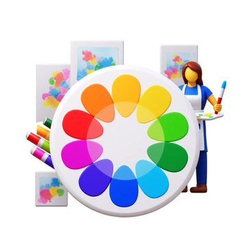 A color wheel featuring an array of vibrant hues arranged in a circular format. An artist is mixing paint on a palette, with tubes of various colors placed beside them. The artist is holding a paintbrush, and there are splashes of paint on their apron. In the background, there are canvases showing colorful artworks.