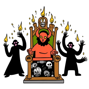 Satan seated on a throne of bones, surrounded by flickering flames and tormented souls