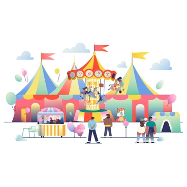 A whimsical carnival scene features a cluster of colorful tents in shades of red, blue, yellow, and green. Each tent is adorned with bright flags waving in the wind. In the center, a large, ornate carousel spins, brightly painted with images of horses and other animals. The carousel is lit up with glowing lights and has cheerful music resonating in the air. Surrounding the carousel, there are various carnival games with people engaging in activities, and a cotton candy stand with fluffy pink treats. Balloons of different colors are scattered throughout the scene, adding to the festive atmosphere.