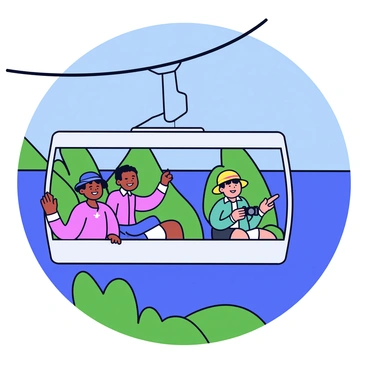 A group of tourists riding in a cable car with large glass windows, looking out at the stunning landscapes of Madeira. The cable car is suspended high above the lush green mountains and deep blue ocean, with vibrant tropical vegetation visible below. The tourists are smiling and pointing, capturing the moment on their cameras. In the background, a clear blue sky enhances the breathtaking panoramic views.