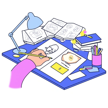 An animator's hand is holding a pencil, sketching a character in a flipbook that is positioned on a cluttered artist's desk. The desk is filled with various art supplies including colored pencils, erasers, and paper scraps. A small lamp provides focused light on the flipbook. In the background, there are stacks of sketchbooks and open reference books scattered across the desk. The animator’s hand shows fine details, with the pencil poised delicately above the paper.