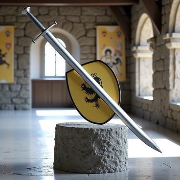 A knight's sword, gleaming with a polished silver blade, rests diagonally across a stone pedestal. Next to it, a round shield, painted with a bold emblem of a lion, is positioned upright against the pedestal. The stone pedestal has a rugged texture, showcasing the imperfections of aged stone. Surrounding the pedestal, the medieval castle hall features high arched ceilings and stone walls adorned with tapestries depicting historical battles. Soft light filters through narrow windows, casting subtle shadows on the floor.