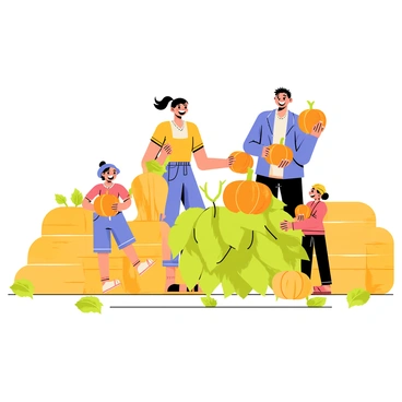 A cheerful family of four is picking pumpkins in a bright, sunny pumpkin patch. The family consists of two adults and two children, all smiling and enjoying their time together. One child is holding a small orange pumpkin, while the other is reaching for a larger one nestled among the green vines. Around them are several hay bales stacked artistically, adding a rustic touch to the scene. The sky is clear blue, and the sunlight casts playful shadows on the ground, creating a warm and inviting atmosphere.