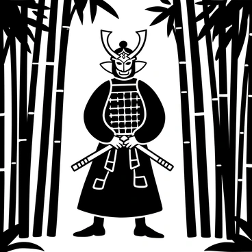 A solemn samurai standing upright in a dense bamboo forest, wearing a "hannya mask" that features intricate designs and a prominent shape. The samurai is clad in traditional armor, which is detailed with ornate patterns. The bamboo stalks around him rise tall and straight, creating a natural backdrop. Light filters through the gaps in the bamboo leaves, casting subtle shadows on the forest floor. The atmosphere conveys a sense of focus and strength as the samurai stands still among the swaying bamboo.