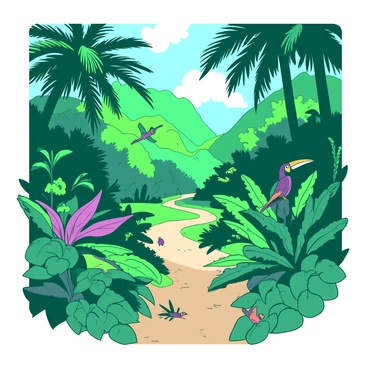 A winding trail cuts through a dense tropical jungle filled with lush green foliage. The path is surrounded by tall, vibrant green trees with broad leaves. Exotic plants with large, colorful flowers bloom alongside the trail, creating bursts of color among the greenery. Brightly colored birds can be seen perched on branches, while small animals scurry in the underbrush. The atmosphere is alive with the sounds of wildlife, and shafts of sunlight filter through the canopy above, illuminating patches of the trail.