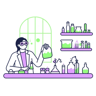 A cosmetic chemist is standing at a laboratory workbench, mixing lotions and oils in a glass beaker. She is wearing a white lab coat and safety goggles. The workbench is cluttered with various vials and containers filled with colorful liquids. Some vials are arranged in neat rows, while others are scattered across the surface. In the background, there are shelves filled with additional vials, pipettes, and tools. A large window allows light to filter into the space, illuminating the vibrant colors of the vials, enhancing the detail in the scene.
