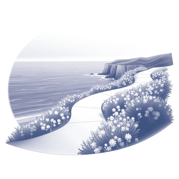 A winding coastal pathway meanders along a cliffside. The path is bordered by an array of blooming flowers in various shapes and sizes, their delicate petals creating a vibrant contrast against the natural surroundings. The Mediterranean Sea stretches out in the background, its surface reflecting the sunlight. In the distance, gentle waves can be seen lapping at the rocky shore. The scene evokes a sense of tranquility and beauty, inviting viewers to imagine walking along the path surrounded by nature's splendor.