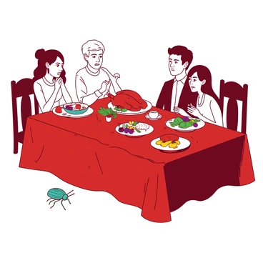 A red dinner table is set with an elegant white tablecloth. Atop the table, there are several white plates filled with food, including a roast chicken and various colorful vegetables. Seated around the table are four individuals, each showing expressions of surprise and tension as they exchange glances. At the edge of the table, a small teal bug is crawling towards the food, its tiny antennae raised curiously. The atmosphere is filled with an awkward silence, as everyone seems to be focused on the bug's unexpected approach.