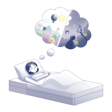 A person lying on a bed, their face relaxed in a peaceful expression, with their eyes closed. The bed is adorned with light-colored sheets and pillows, creating a cozy atmosphere. Above the bed, a thought bubble emerges, depicting two contrasting scenes. On one side, there are whimsical images of bright, cheerful elements such as floating balloons, vibrant flowers, and a sunny sky. On the other side, the dreamscape transforms into darker, eerie visuals featuring shadowy figures, twisted trees, and an ominous moon. The juxtaposition of these two halves creates a striking contrast within the dream bubble, illustrating the duality of the person's dream.