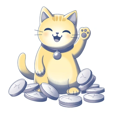 A shiny golden lucky cat sits upright with a raised paw, displaying a welcoming gesture. The cat features traditional detailing, including a round face, large eyes, and a collar with a bell. Surrounding the cat are an abundance of coins, scattered in various positions, adding to the scene's richness. The coins vary in size, with some lying flat while others are stacked, creating a sense of fortune and prosperity around the lucky cat.