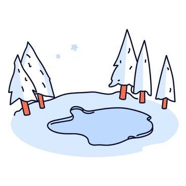 A small frozen pond with a smooth, ice-covered surface. The pond is surrounded by tall, thin trees covered in a gentle layer of white snow. Snowflakes are softly resting on the branches, creating a serene atmosphere. There are patches of snow on the ground, mixing with the dark soil beneath. The sky is a light gray, suggesting a cold winter day.