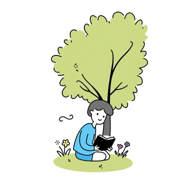 A person sitting on a grassy area under a large, leafy tree in a park. The individual is wearing a light blue shirt and denim shorts, holding an open book in their hands. They have short hair and are focused on the reading, surrounded by a few colorful flowers blooming nearby. A gentle breeze rustles the leaves of the tree, casting dappled shadows on the ground.