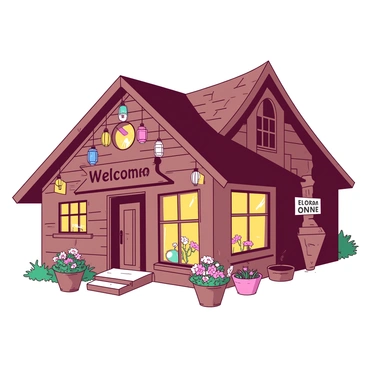 A quaint inn with a wooden facade features an array of unusual decorations adorning the walls. Colorful lanterns hang from the eaves, casting a soft light. The windows of the inn emit a warm, inviting glow as the evening sets in. Flower pots with vibrant blooms line the window sills, adding a touch of life. A wooden sign with the words "Welcome" is prominently displayed above the entrance.