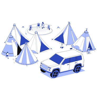 A G-Wagon is parked on a grassy area at a music festival. The vehicle has a sleek design with distinct angular lines and large, rugged tires. Surrounding the G-Wagon, there are several tents of varying sizes and shapes, positioned in a semi-circle. The tents feature intricate patterns and textures, creating a lively atmosphere. In the background, there are people walking around, some engaging in activities, while others are relaxing on blankets. The scene conveys a sense of excitement and gathering.