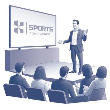 A male speaker is positioned on a stage at a sports conference, engaging with the audience. He is wearing a tailored suit and standing confidently at a podium. His facial expression conveys enthusiasm as he gestures with his hands, emphasizing key points of his speech. The audience is seated in rows, attentively watching him, with some individuals holding notebooks and pens. The stage has a large screen behind the speaker displaying the conference logo and relevant graphics. Bright stage lights illuminate the scene, highlighting the speaker and creating a dynamic atmosphere.