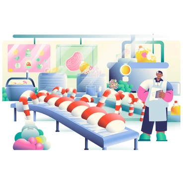 Inside a candy factory with candy canes being produced on a conveyor belt