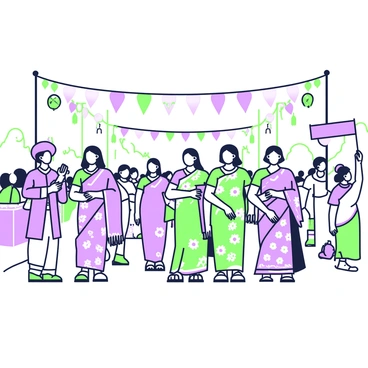 A street parade is taking place, filled with people showcasing various traditional sarees from different regions. In the foreground, a group of women is gracefully walking together, each wearing a distinct saree that represents their culture. One woman is draped in a saree with intricate patterns, while another has a vibrant floral design. To the side, a man in traditional attire is playing a musical instrument, adding to the festive atmosphere. Colorful decorations line the street, and a large crowd gathers to enjoy the celebration. Banners with cultural symbols are hanging overhead, contributing to the lively ambiance of the parade.
