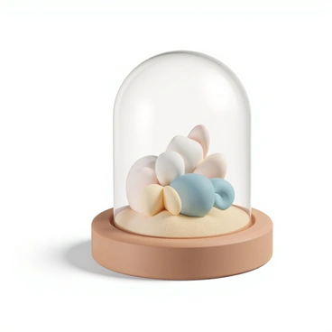 A glass cloche sits atop a wooden base, encasing a composition of various seashells arranged artistically. The shells are of different shapes and sizes, showcasing colors like creamy white, soft pink, and pale blue. Beneath the shells, a layer of fine, golden sand provides a natural background. The sand is slightly uneven, giving the impression of a small beach scene. The glass cloche is smooth and clear, casting gentle reflections and shadows on the wooden base, and creating a whimsical, preserved moment of a seaside experience.