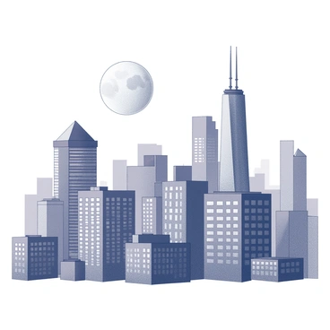 A city skyline featuring a variety of skyscrapers and buildings rising against the night sky. The structures have numerous windows that reflect light, creating a glimmering effect. A large, full moon is visible above the skyline, casting soft light over the scene. The composition includes varied architectural styles, from modern glass buildings to older, classic structures, all contributing to the vibrant atmosphere of the city at night.