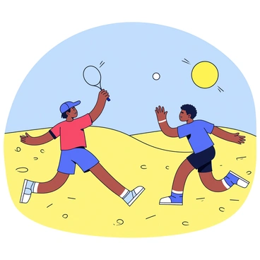 A badminton match taking place in a vast desert landscape. Two players, one wearing a red sports jersey and the other in a blue one, are in an intense rally. Each player is poised to hit the shuttlecock, which is mid-air, while sand swirls around their feet with each powerful shot. The sun is high in the clear blue sky, casting long shadows on the fine golden sand, which stretches endlessly in the background. The players are surrounded by small dunes, adding texture to the scene.