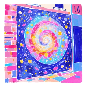 A city wall is adorned with a large mosaic made of colorful tiles. The mosaic depicts a spiral galaxy, featuring swirling patterns of vibrant blues, purples, and pinks. The tiles vary in size and shape, adding texture and depth to the image. The galaxy's spiral arms extend outward, with clusters of stars created from small, bright yellow tiles. Surrounding the mosaic, the rough texture of the brick wall contrasts with the smooth, polished tiles, enhancing the visual impact of the artwork.