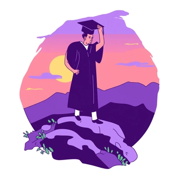A graduate standing on a mountain peak, cap in hand, gazing at the horizon