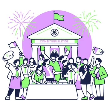 A large group of people is gathered outside a convention hall, celebrating the adoption of the constitution. The attendees are dressed in a variety of formal and casual attire, with some holding flags. They are smiling and cheering, showcasing their excitement. Above them, colorful fireworks explode in the night sky, creating a festive atmosphere. In the foreground, a table is set up with refreshments and party decorations. The convention hall is adorned with banners that read "Constitution Celebration".
