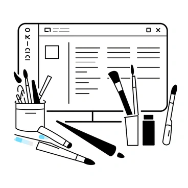 A collection of art supplies displayed on a table. There are several paintbrushes of varying sizes, each with different bristle shapes, lying next to open tubes of paint in a range of sizes. A set of colorful markers is arranged neatly beside the brushes. In the background, there is a computer screen showing an online course interface, with visible tabs and course content. The scene captures the tools and context for creative work.