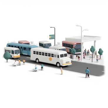 A white school bus is approaching a busy transportation terminal. The bus has a bright yellow school emblem on the side and is slowly making its way through a crowd of people. Surrounding the terminal are several other buses in various colors, including a blue city bus and a red tour bus. The terminal is bustling with activity, featuring people waiting on benches, some checking schedules on digital screens, and others boarding different buses. There are trees and traffic signs nearby, adding to the urban atmosphere of the scene.
