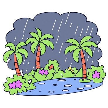 A tropical landscape features tall, green palm trees swaying vigorously in the strong winds. Dark, looming clouds fill the sky, creating a dramatic backdrop. Heavy rain falls in thick sheets, visibly impacting the lush foliage below. Patches of vibrant flowers can be seen amidst the greenery, their colors contrasting with the gray atmosphere. The ground is wet, with puddles forming where the rain accumulates.