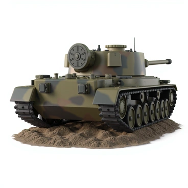 An armored tank with a rugged, camouflaged exterior, showcasing a detailed view of its braking mechanism. The tank's body is robust and angular, made from thick metal plating. The braking mechanism is prominently featured, displaying intricate components such as hydraulic lines, brake pads, and a large disc brake mounted on one of the tracks. The surroundings include a rough terrain with dirt and gravel, emphasizing the tank's military purpose. The lighting highlights the metallic textures and the complexity of the braking system.