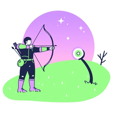 An archer is standing in a grassy field, preparing to shoot at a target ahead. The archer is wearing a fitted dark outfit, complete with a quiver attached to the back, and has a focused expression. The bow is drawn back, and an arrow is aligned with the target. The sky above is transitioning to twilight, with a gradient of deepening colors as stars begin to appear. The first few stars twinkle faintly in the background, providing a sparkling backdrop to the scene. A few silhouettes of trees are visible at the edges of the field, contributing to the tranquil atmosphere.
