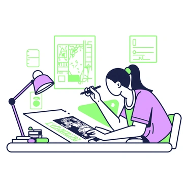 An artist is seated at a wooden desk, deeply focused on drawing a comic book panel. The artist has long hair tied back and is wearing a casual shirt. Their right hand holds a pencil, while they lean over a sketchpad, which displays a dramatic scene with bold lines and dynamic action. To the left of the desk, there are various art supplies, including a stack of comic books, a green eraser, and purple markers. A small desk lamp casts light on the workspace, highlighting the artist's concentration. On the wall behind, there are pinned sketches and notes related to the comic book project.