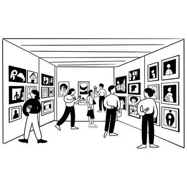 A photography exhibit taking place inside a spacious gallery. The walls are adorned with numerous black-and-white photographs arranged in neat rows. Each photo is framed elegantly and illuminated by soft lighting that highlights the details of the images. Visitors can be seen walking through the gallery, observing the photographs with interest. Some are engaged in quiet conversation, while others are taking notes in notepads. The polished floor reflects the soft glow of the lights, adding to the ambiance of the space.