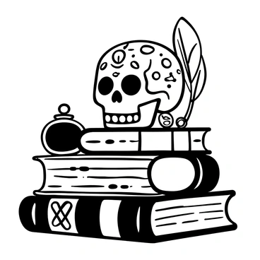 A detailed illustration of a "scholarly skull" positioned on top of a "stack of ancient books." The skull is adorned with intricate patterns and scholarly symbols. The ancient books are leather-bound, featuring ornate spines and weathered pages. In the background, there are quills and an ink pot, adding to the scholarly ambiance. The overall composition conveys a sense of wisdom and knowledge.