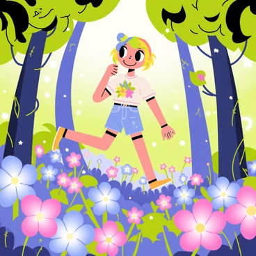 A cheerful anime character with large, expressive eyes and colorful hair is wandering through a vibrant enchanted forest. The character is wearing a whimsical outfit adorned with flowers and nature-inspired patterns. Surrounding the character are trees with twisting trunks and lush green leaves. The forest floor is covered with a variety of glowing flowers in shades of blue, pink, and purple, illuminating the scene with a soft, magical light. Small, sparkly particles float in the air, adding to the enchanted atmosphere of the forest.