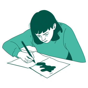 A teal writer is hunched over a white sheet of paper, crying. Tears are falling from their eyes and landing on the page, transforming into dark ink blots that spread across the surface. The writer's hand is gripping a black pen, and ink is pooling at the tip as they struggle to express their emotions. The scene captures the contrast between the writer's emotional turmoil and the blankness of the paper, highlighting the creative struggle.
