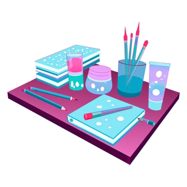 A wooden table filled with various art supplies. There are tubes of paint in vibrant colors, each one featuring small dots in contrasting shades. Next to the paint tubes, there are paintbrushes of different sizes with their handles also adorned with small dots. A stack of sketchbooks lies at the side, their covers highlighted by a pattern of dotted designs. Scattered around are markers and colored pencils, each exhibiting a playful dotted decoration. The scene is organized yet visually stimulating, showcasing the creativity inherent in art materials.