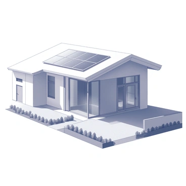 A modern house with a flat roof. The roof is equipped with multiple solar panels arrayed neatly, capturing sunlight. The facade of the house features large glass windows, allowing natural light to enter the interior. The entrance includes a sleek, contemporary door framed by minimalistic landscaping. The walls are designed with a smooth texture, emphasizing the modern architectural style. A driveway runs alongside the house, leading to a parking area.