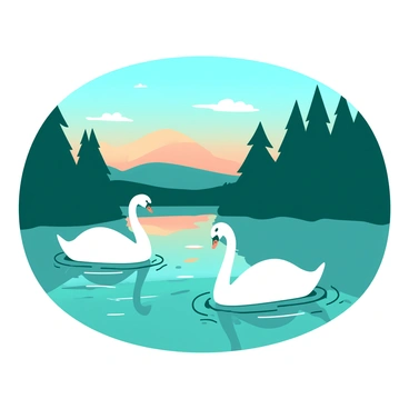 Two white swans are gliding gracefully across a teal lake at twilight. The water is smooth with gentle ripples created by the movement of the swans. The sky is painted in soft shades of blue and orange as the day transitions into night. Reflections of the swans can be seen on the surface of the lake, adding to the tranquil scene. Surrounding the lake are silhouettes of trees, their outlines dark against the fading light.