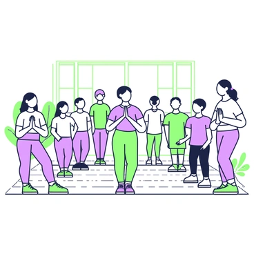 A group of ten individuals practicing qi gong in a spacious local recreation center. The participants are arranged in a semi-circle, facing an instructor at the front. Each person is wearing comfortable athletic clothing, such as loose-fitting t-shirts and yoga pants. The instructor, a woman with long hair tied back, is demonstrating a fluid movement, guiding the class with her hands raised. In the background, large windows allow natural light to filter in, illuminating the wooden floor. A few potted indoor plants are placed against the walls, adding a touch of greenery to the environment.