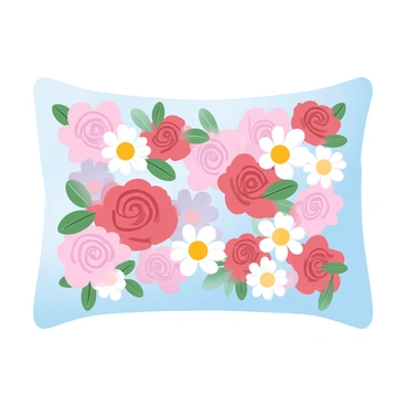 A pillow is displayed prominently, featuring an intricate floral pattern. The fabric showcases a rich combination of "roses" in various shades of pink and red, intertwined with "daisies" in bright white and yellow. The edges of the pillow are gently rounded, and the background is a soft pastel color that complements the vibrant flowers, creating a harmonious and inviting appearance. The pillow is set against a subtle gradient backdrop that enhances the details of the floral design.