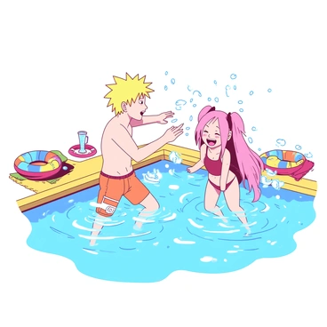 A yellow swimming pool is filled with bright blue water under a clear sky. In the pool, "Naruto" is playfully splashing water at "Sakura," who is laughing and trying to dodge the splashes. "Naruto" has spiky blonde hair and is wearing bright orange swim trunks, while "Sakura" has pink hair and is in a colorful swimsuit. Around the pool, there are colorful floaties and beach towels, adding to the lively atmosphere of their fun day. Both characters are surrounded by shimmering water droplets catching the sunlight as they enjoy their playful moment together.